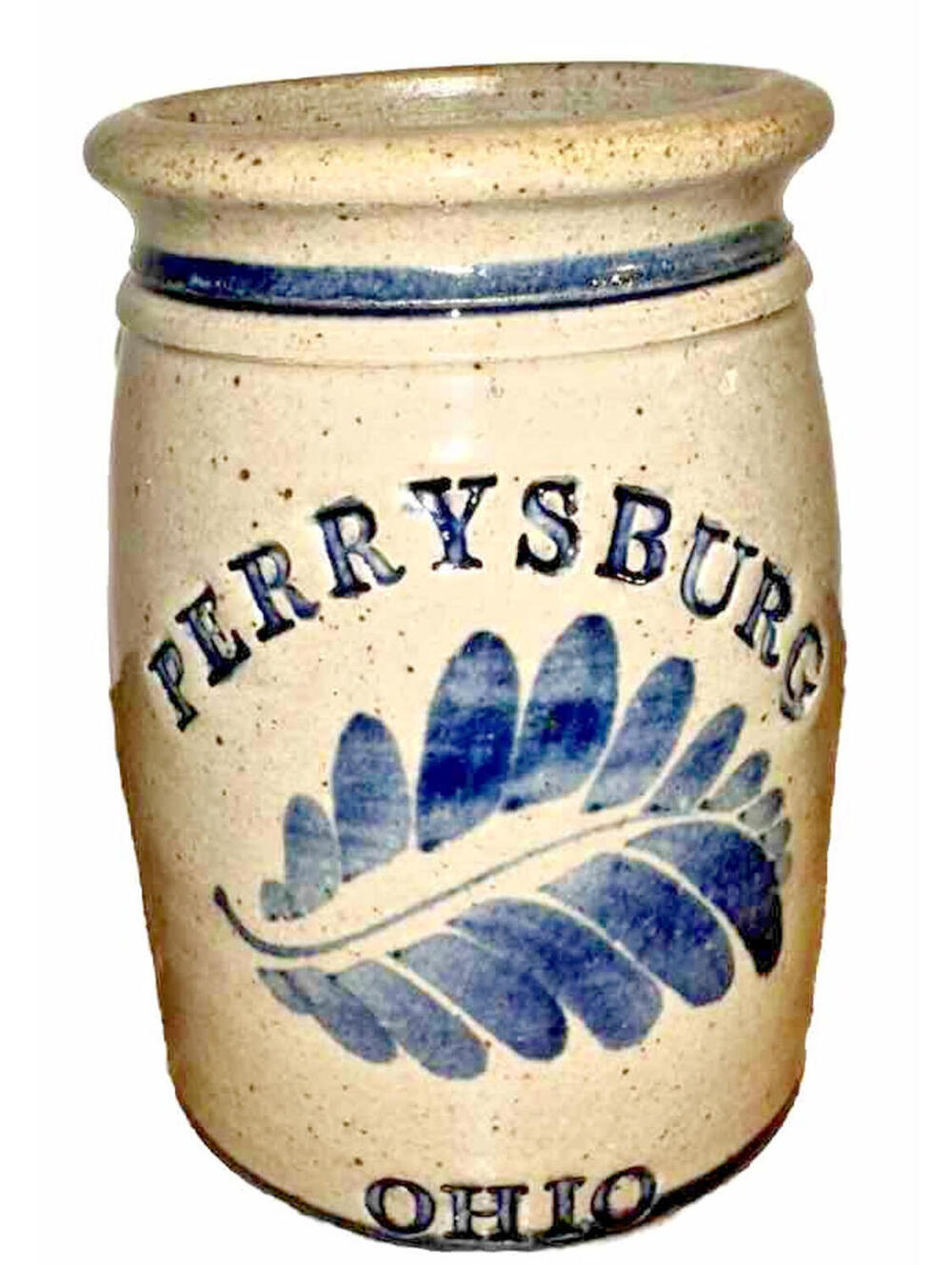 Perryburg Ohio Glazed Pottery Crock Stoneware 1980s Country Blue Farmhouse Decor